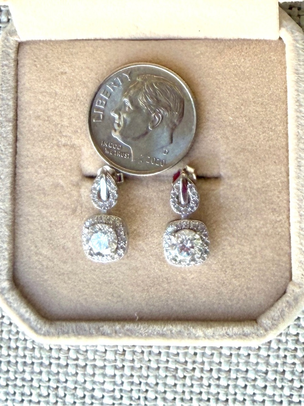 Round Cut Moissanite Earrings with Halo and Teardrop Sterling Silver Setting - Picture 2 of 3